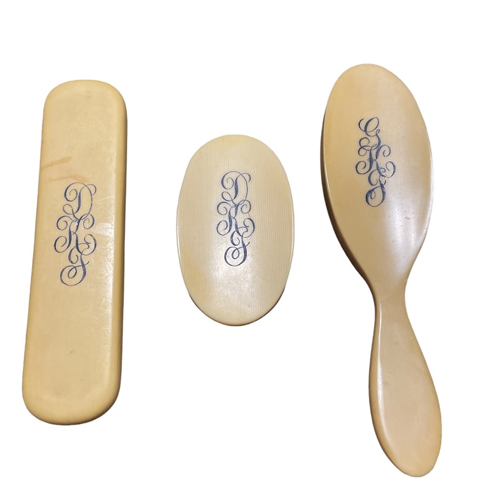 Vintage Celluloid Dresser Set Monogrammed 3 Piece Brush Set